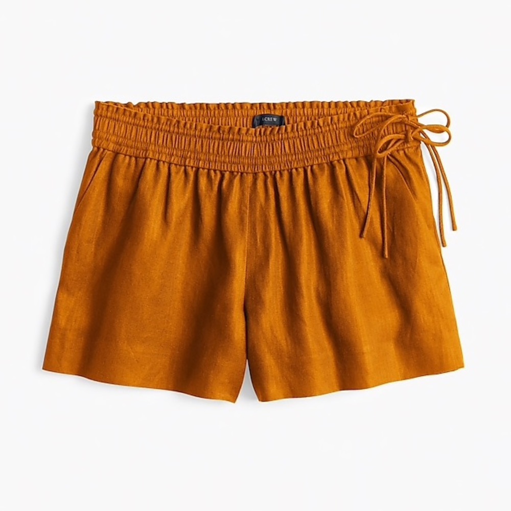J Crew golden linen shorts, pull on, side tie